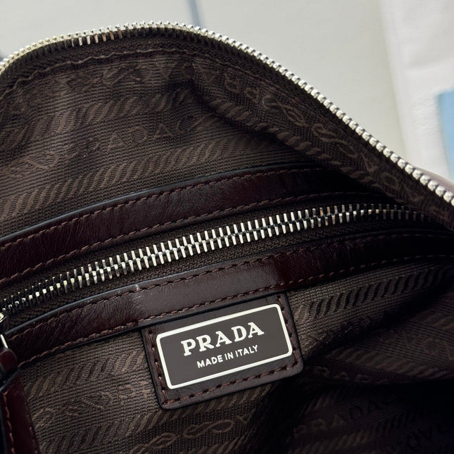PRADA 25S SHOULDER BAG 35 IN DARK BROWN CALFSKIN SILVER HARDWRE