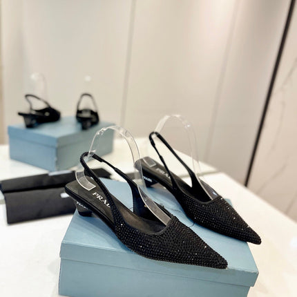 PRA SLINGBACK PUMPS BLACK SATIN WITH BLACK CRYSTALS