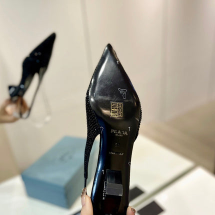 PRA SLINGBACK PUMPS BLACK SATIN WITH BLACK CRYSTALS