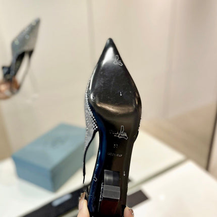 PRA SLINGBACK PUMPS BLACK SATIN WITH WHITE CRYSTALS