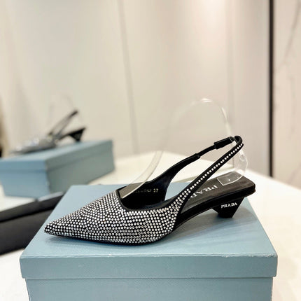 PRA SLINGBACK PUMPS BLACK SATIN WITH WHITE CRYSTALS