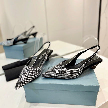 PRA SLINGBACK PUMPS BLACK SATIN WITH WHITE CRYSTALS