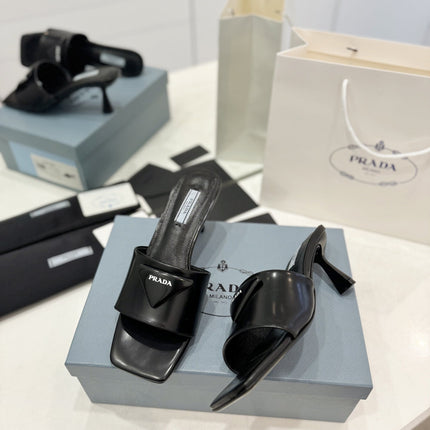 PRA BRUSHED LEATHER HEELED SLIDES BLACK