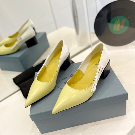 PRA BRUSHED PUMPS WHITE AND LEMON CALFSKIN