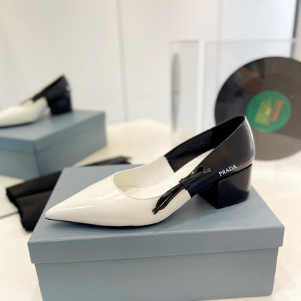 PRA MID - HEELS WHITE AND BLACK LAMBSKIN WITH BOW