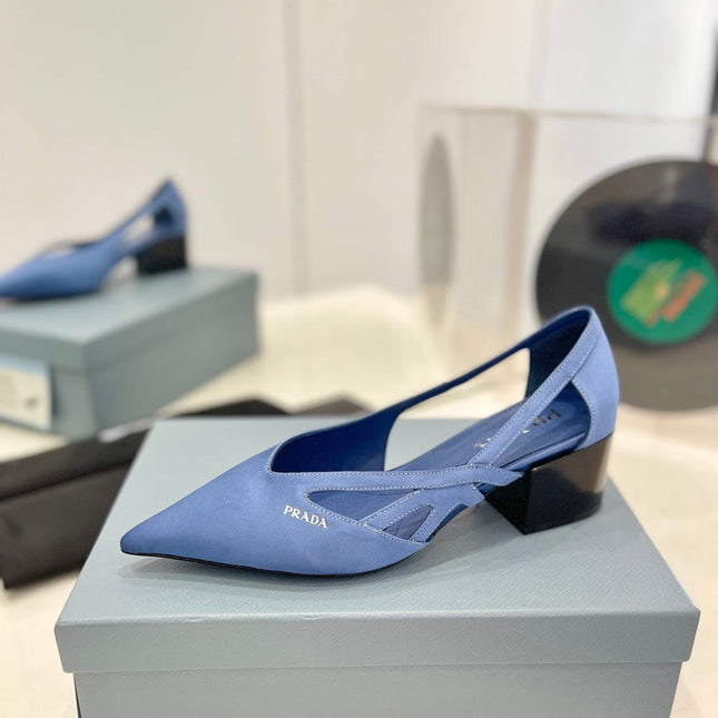 PRA STRAP CUT-OUT PUMPS CERULEAN SATIN