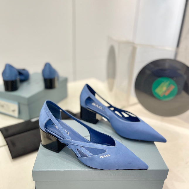 PRA STRAP CUT-OUT PUMPS CERULEAN SATIN