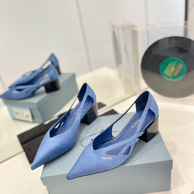 PRA STRAP CUT-OUT PUMPS CERULEAN SATIN
