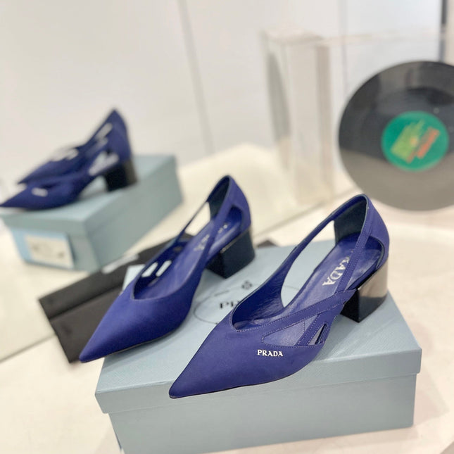 PRA STRAP CUT-OUT PUMPS NAVY SATIN