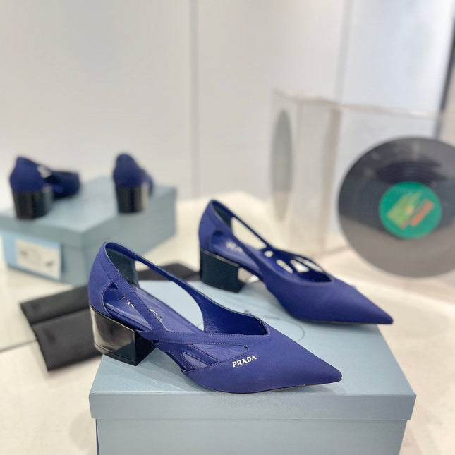PRA STRAP CUT-OUT PUMPS NAVY SATIN