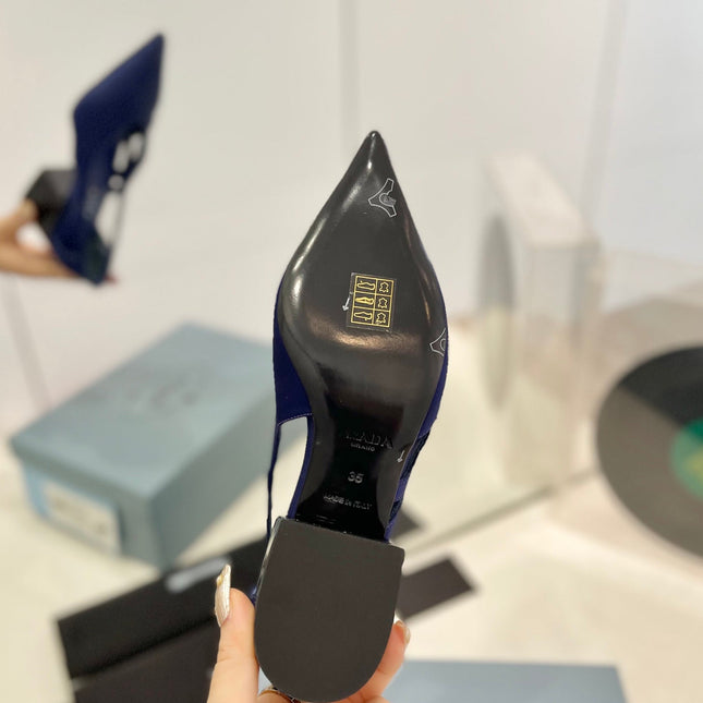 PRA STRAP CUT-OUT PUMPS NAVY SATIN
