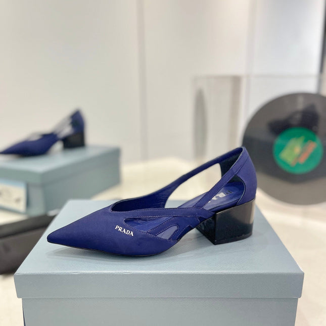 PRA STRAP CUT-OUT PUMPS NAVY SATIN