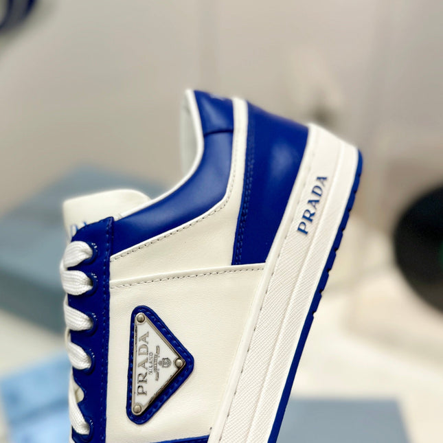 PRA DOWNTOWN PERFORATED SNEAKERS WHITE AND COBALT CALFSKIN
