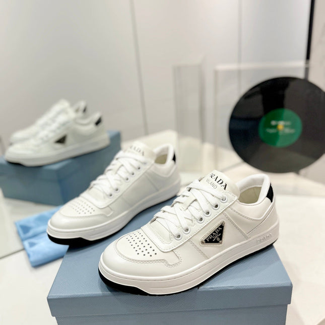 PRA DOWNTOWN PERFORATED SNEAKERS WHITE AND BLACK LOGO CALFSKIN