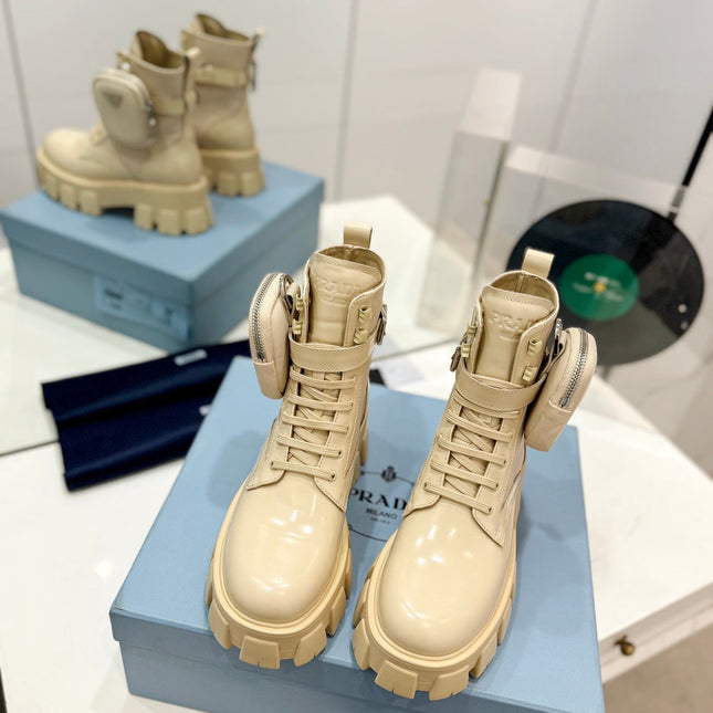 PRA MONOLITH BRUSHED AND RE-NYLON BOOTS WITH POUCH BEIGE CALFSKIN
