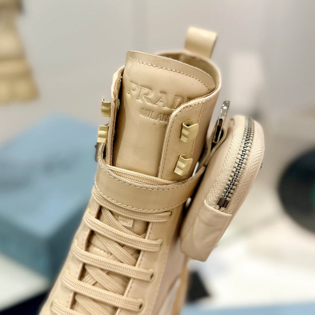 PRA MONOLITH BRUSHED AND RE-NYLON BOOTS WITH POUCH BEIGE CALFSKIN