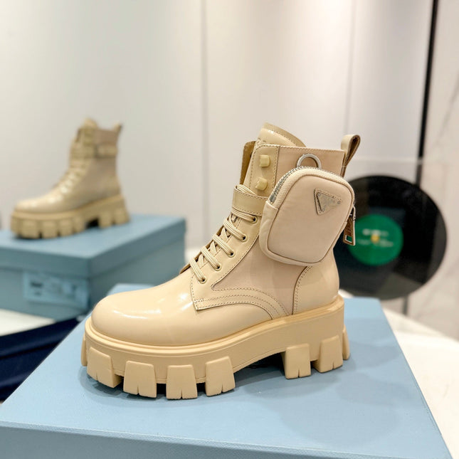 PRA MONOLITH BRUSHED AND RE-NYLON BOOTS WITH POUCH BEIGE CALFSKIN