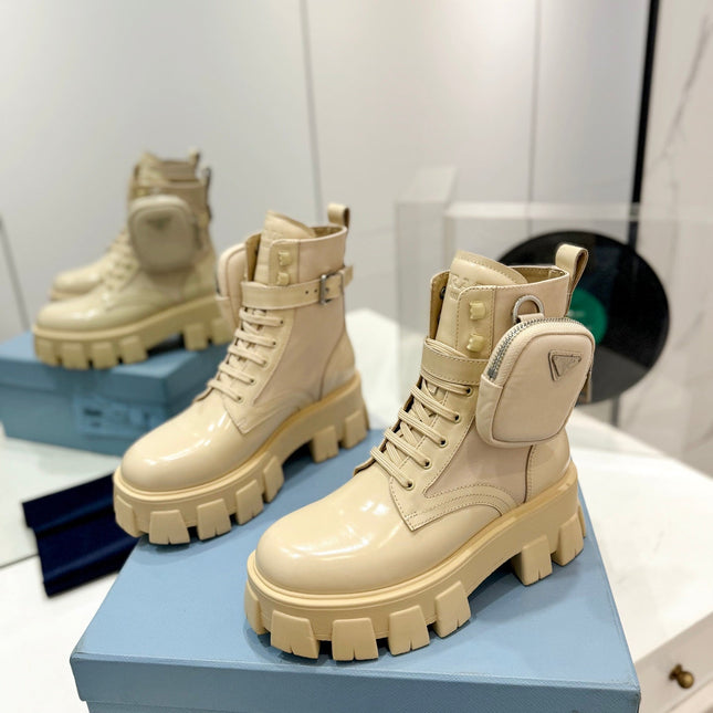 PRA MONOLITH BRUSHED AND RE-NYLON BOOTS WITH POUCH BEIGE CALFSKIN