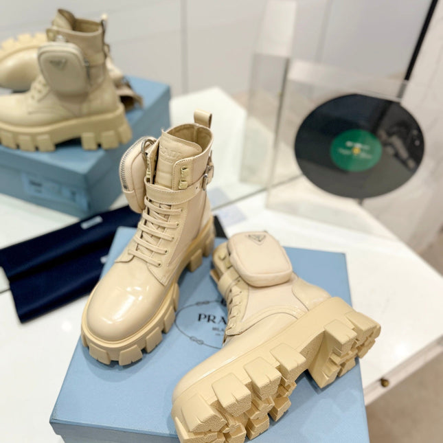 PRA MONOLITH BRUSHED AND RE-NYLON BOOTS WITH POUCH BEIGE CALFSKIN