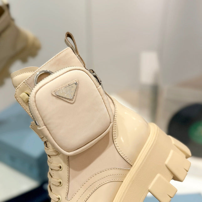 PRA MONOLITH BRUSHED AND RE-NYLON BOOTS WITH POUCH BEIGE CALFSKIN