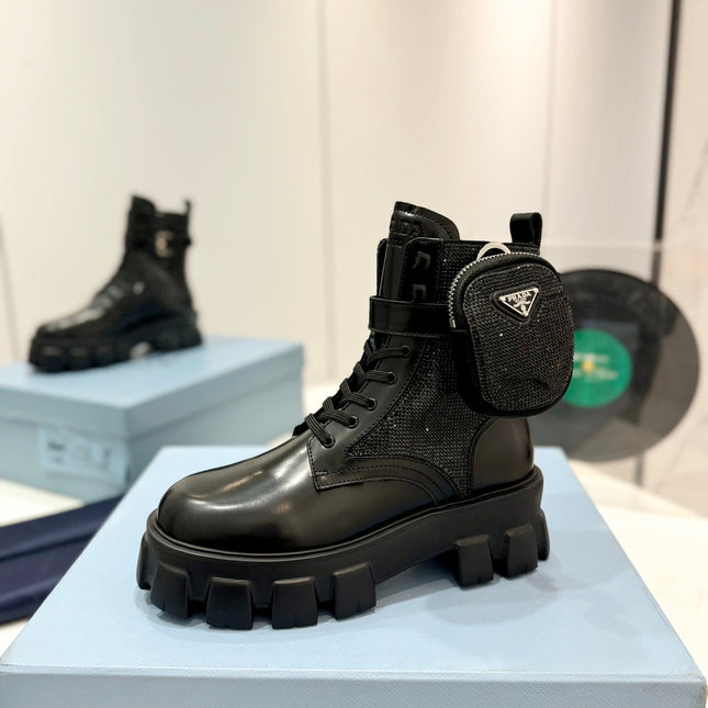 PRA MONOLITH BRUSHED AND RE-NYLON BOOTS WITH POUCH TWINKLE BLACK CALFSKIN