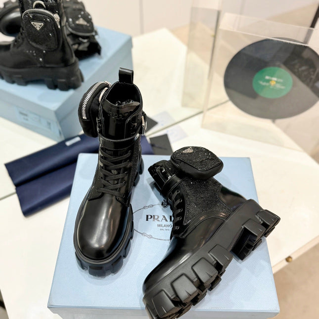 PRA MONOLITH BRUSHED AND RE-NYLON BOOTS WITH POUCH TWINKLE BLACK CALFSKIN