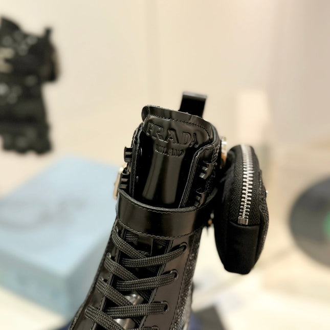 PRA MONOLITH BRUSHED AND RE-NYLON BOOTS WITH POUCH TWINKLE BLACK CALFSKIN
