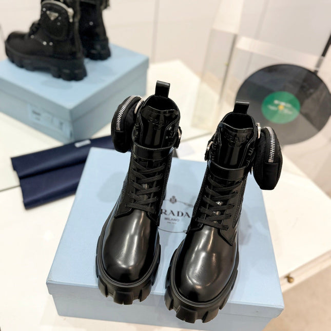PRA MONOLITH BRUSHED AND RE-NYLON BOOTS WITH POUCH TWINKLE BLACK CALFSKIN