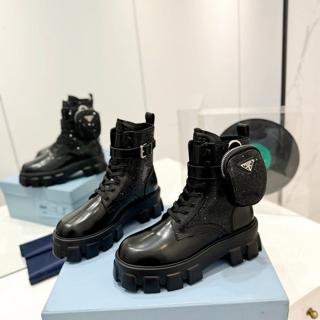 PRA MONOLITH BRUSHED AND RE-NYLON BOOTS WITH POUCH TWINKLE BLACK CALFSKIN