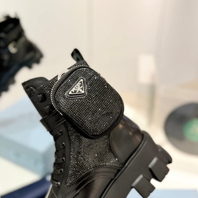 PRA MONOLITH BRUSHED AND RE-NYLON BOOTS WITH POUCH TWINKLE BLACK CALFSKIN