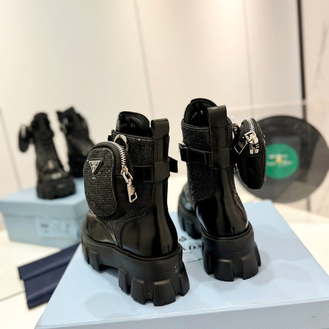 PRA MONOLITH BRUSHED AND RE-NYLON BOOTS WITH POUCH TWINKLE BLACK CALFSKIN