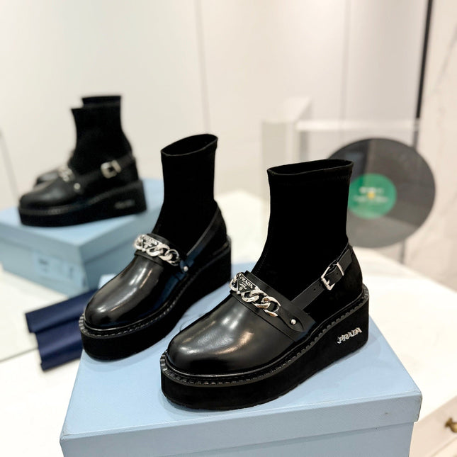 PRA SHORT BOOTS OPEN EDGE CHAIN BLACK CALFSKIN