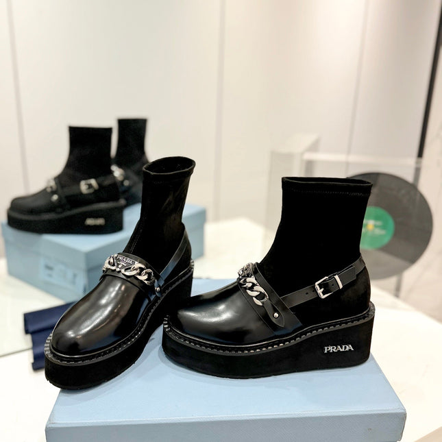 PRA SHORT BOOTS OPEN EDGE CHAIN BLACK CALFSKIN