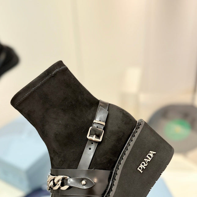 PRA SHORT BOOTS OPEN EDGE CHAIN BLACK CALFSKIN