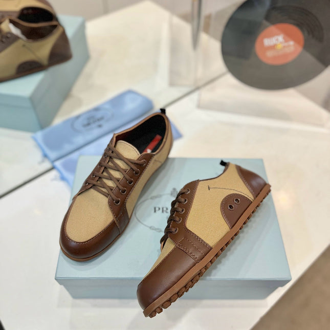 SNEAKERS IN BROWN LAMBSKIN AND BEIGE CANVAS