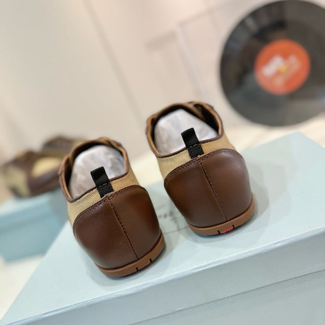 SNEAKERS IN BROWN LAMBSKIN AND BEIGE CANVAS