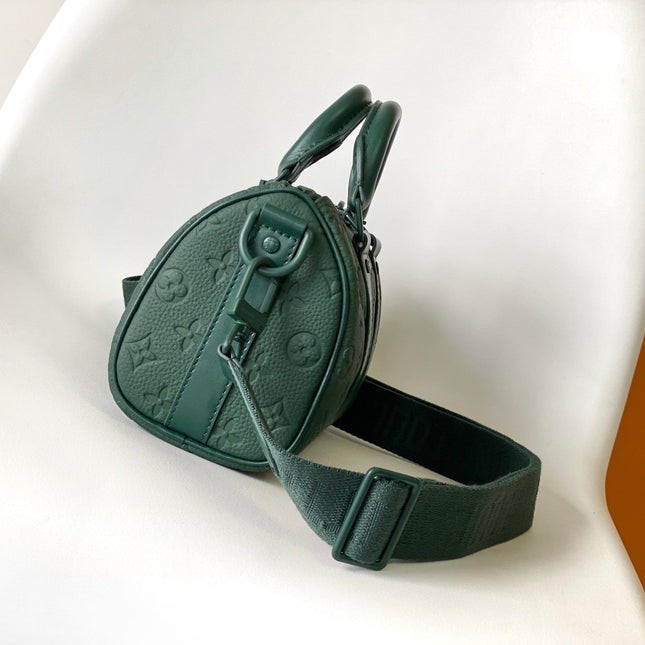 KEEPALL BANDOULIÈRE 25 IN FOREST GREEN MONOGRAM EMBOSSED CALFSKIN