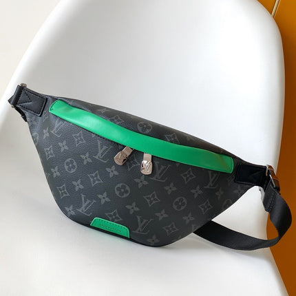 LV 25S DISCOVERY BUMBAG 44 IN BLACK NEON JADE MONOGRAM ECLIPSE CANVAS AND CALFSKIN