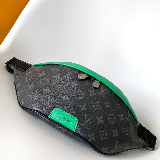 LV 25S DISCOVERY BUMBAG 44 IN BLACK NEON JADE MONOGRAM ECLIPSE CANVAS AND CALFSKIN