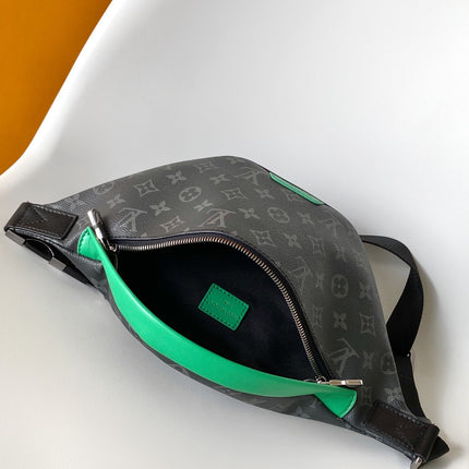 LV 25S DISCOVERY BUMBAG 44 IN BLACK NEON JADE MONOGRAM ECLIPSE CANVAS AND CALFSKIN