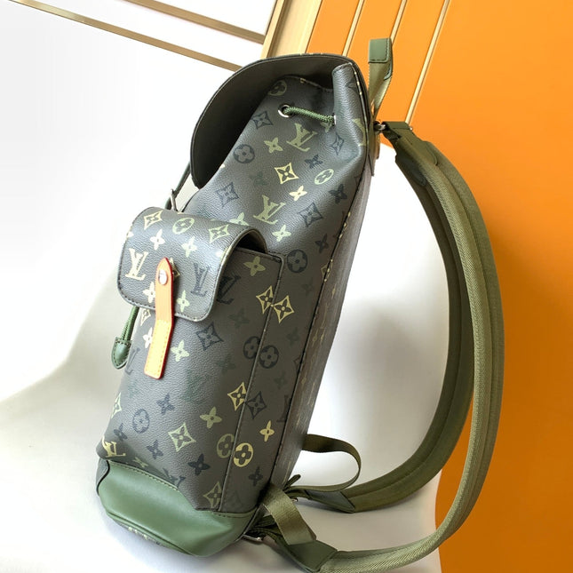 LV 25S CHRISTOPHER BACKPACK 48 IN ARMY GREEN CALFSKIN SILVER HARDWARE