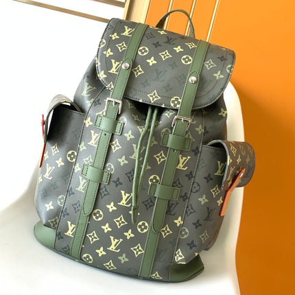 LV 25S CHRISTOPHER BACKPACK 48 IN ARMY GREEN CALFSKIN SILVER HARDWARE