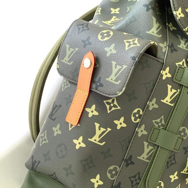 LV 25S CHRISTOPHER BACKPACK 48 IN ARMY GREEN CALFSKIN SILVER HARDWARE