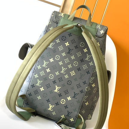 LV 25S CHRISTOPHER BACKPACK 48 IN ARMY GREEN CALFSKIN SILVER HARDWARE