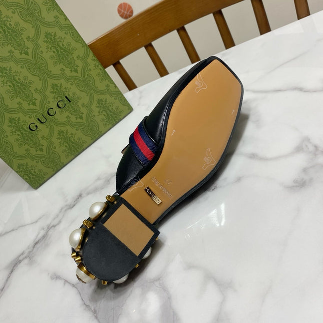 GG HEEL MULES 35 CM IN BLACK CALFSKIN WITH PEARL-EMBELLISHED SOLE