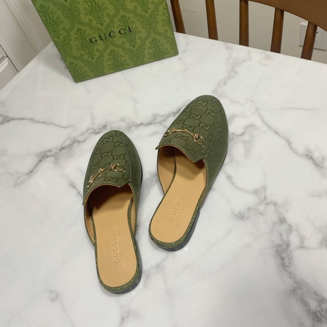 GG MULES IN MOSS GREEN FABRIC GOLD HARD WARE