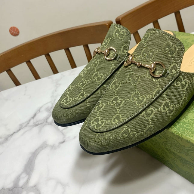 GG MULES IN MOSS GREEN FABRIC GOLD HARD WARE