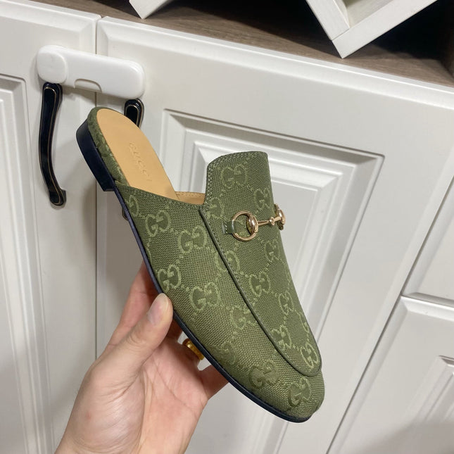 GG MULES IN MOSS GREEN FABRIC GOLD HARD WARE