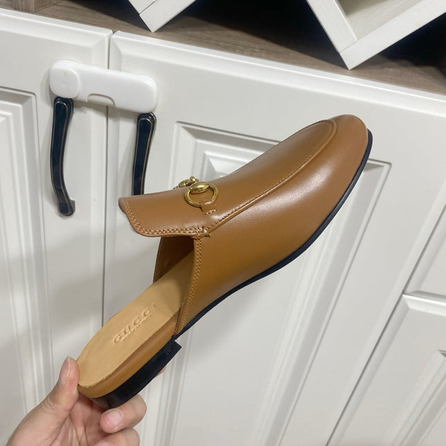 GG MULES IN BROWN LAMBSKIN GOLD HARD WARE