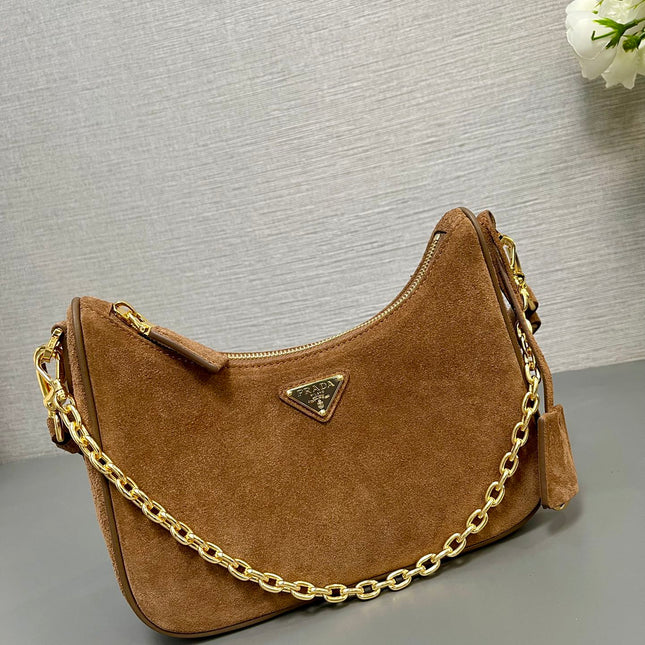 HOBO BAG 23 IN RUSSET BROWN SUEDE GOLD CHAIN